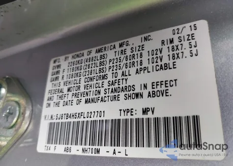 2015 Acura Rdx z USA, uszkodzony, nr VIN 5J8TB4H5XFL027701